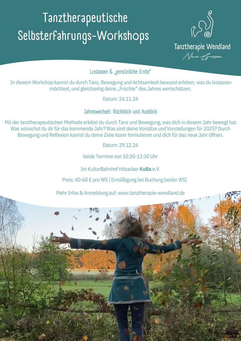 Tanztherapie-Workshop am 24.11.24 von 10:30 bis 13:30 Uhr